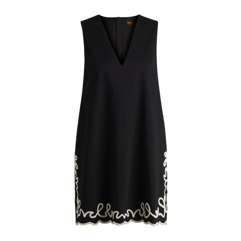Hugo Black Cotton Dress With Contrast Embroidery - Female - Short Dresses - L - Dresses
