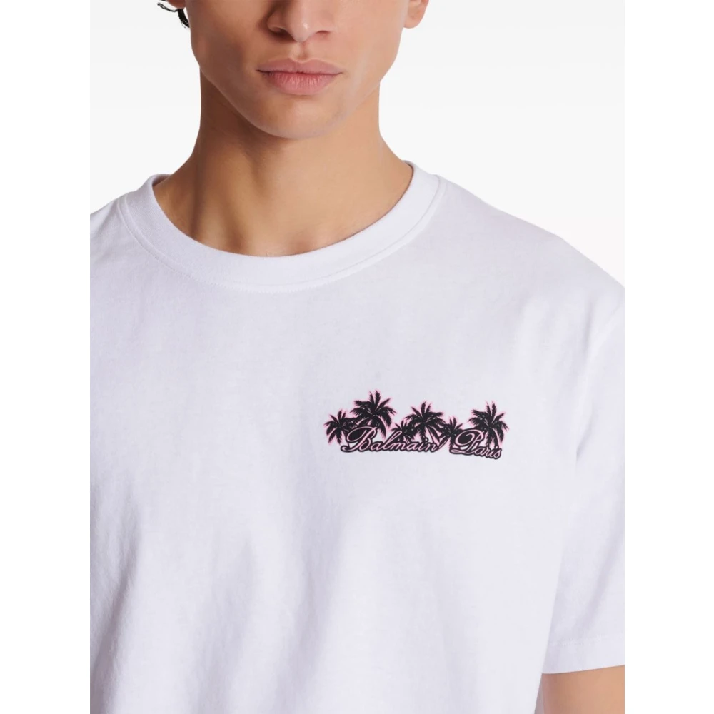 Balmain Palmboom Logo Print T-shirt White Heren