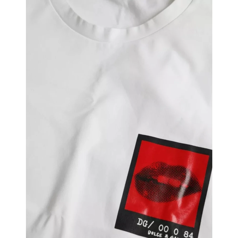 Dolce & Gabbana Rode Lippen Grafisch Wit T-Shirt Mannen White Heren
