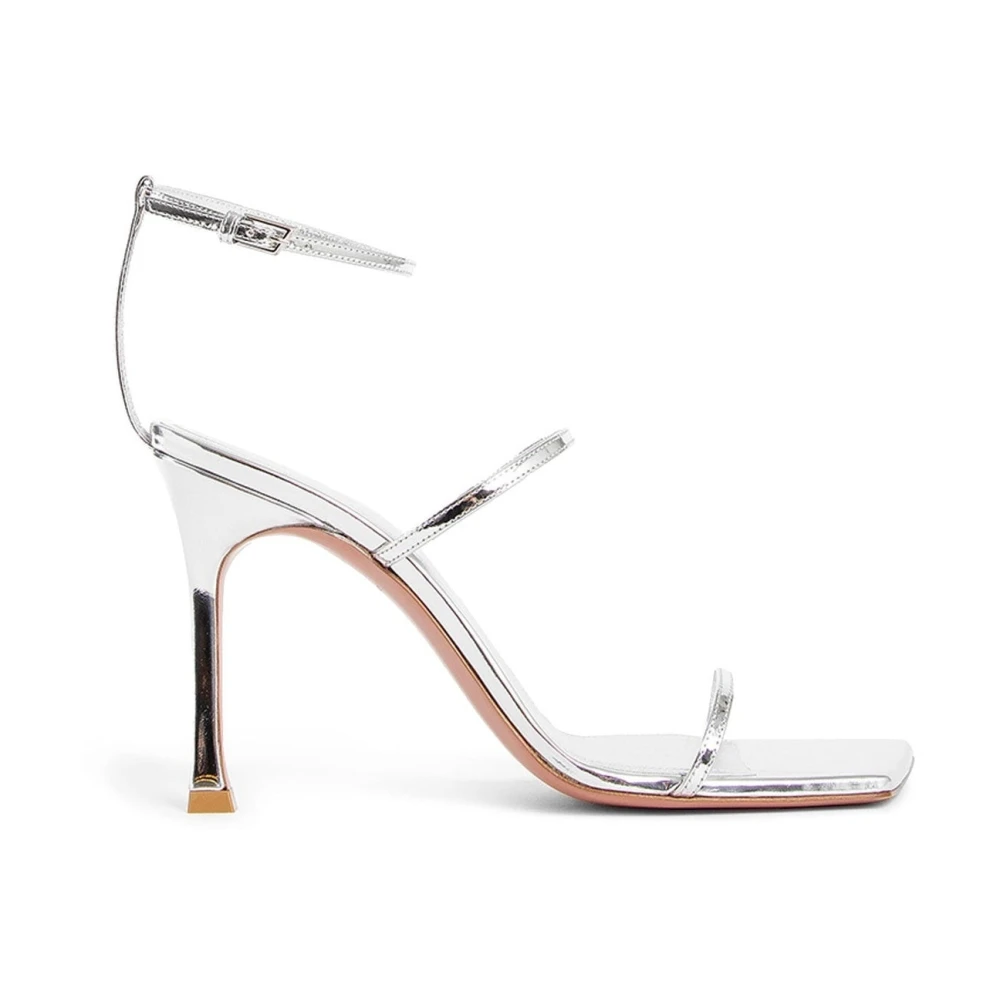 Amina Muaddi Women's Gray Leather Square Toe Sandals