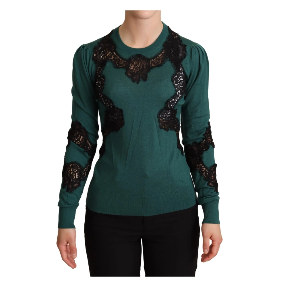 Dolce & Gabbana Women's Green Round-Neck Knitwear,, Elegant Pullover With Black Lace Detail 3XS