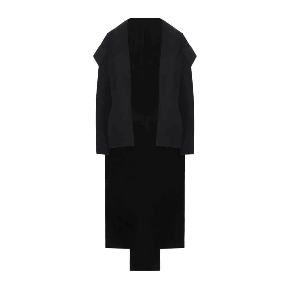 Yohji Yamamoto Zwarte Wollen Flanellen Overlappende Jas Black Dames