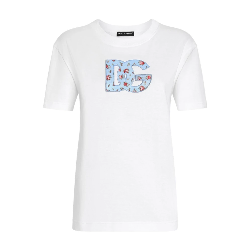 Dolce & Gabbana Women's White T-Shirts, S, Jersey T-Shirt With Dg Print Patch