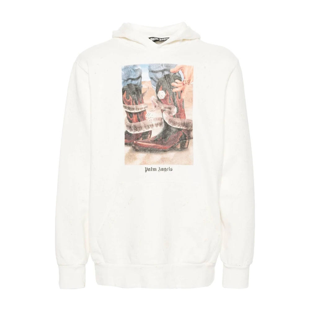 Palm Angels Beige Oversized Hoodie med The Game Of The Snake Print White, Herr