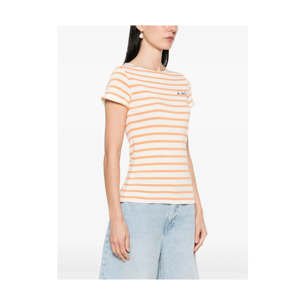 Maison Labiche Ecru Crew Neck T-shirt met Omgeslagen Manchetten Orange Dames