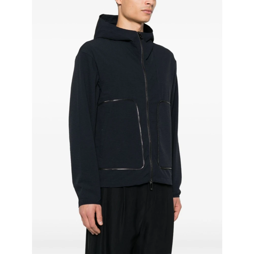 Emporio Armani Blauwe Seersucker Hooded Jas Lichtgewicht Rits Blue Heren