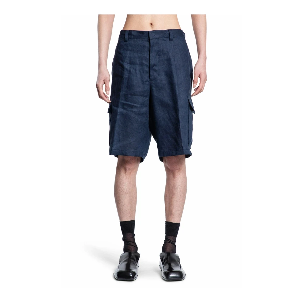 Prada Blauwe Linnen Bermuda Shorts Blue Heren