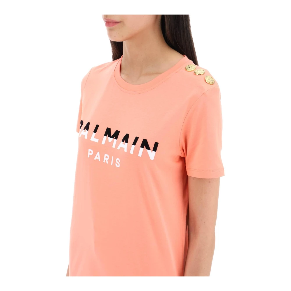 Balmain T-shirt met flockprint en goudkleurige knopen Pink Dames