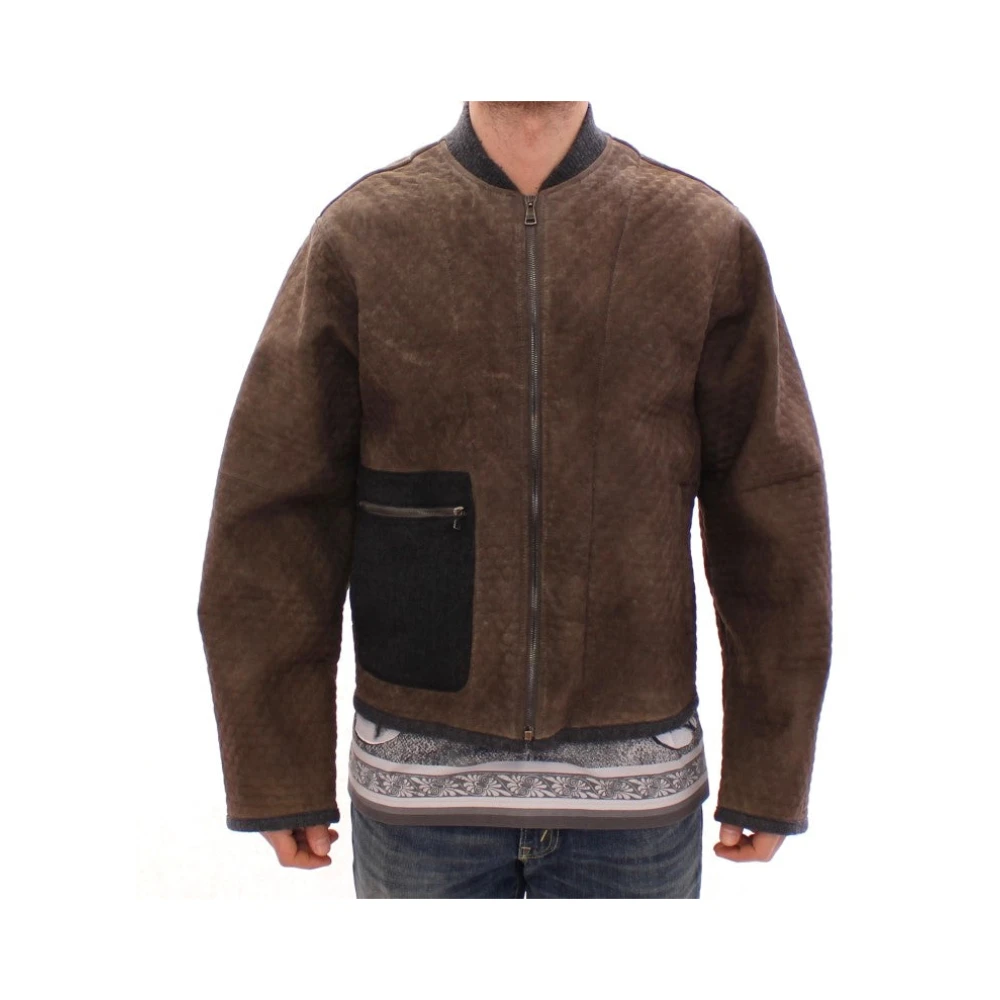 Dolce & Gabbana Elegante Leren en Wollen Jas Brown Heren