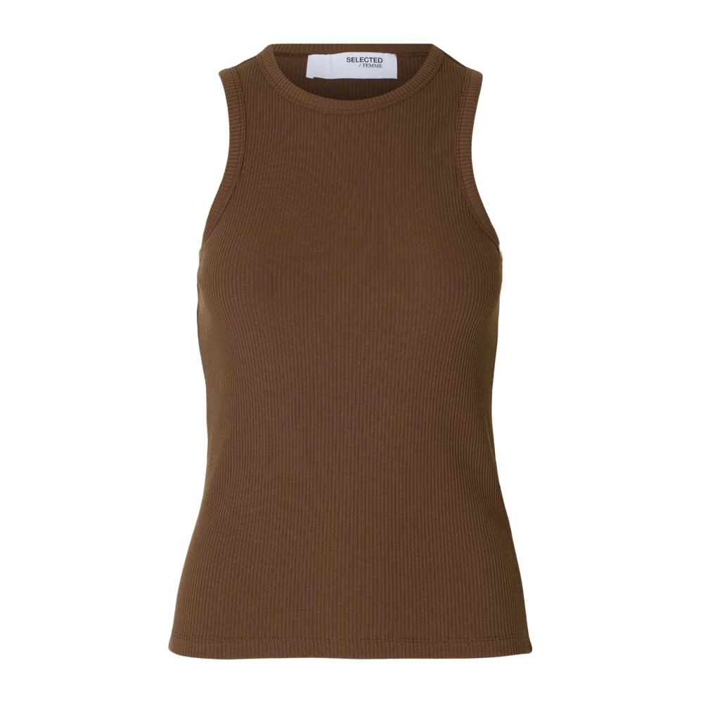 Selected Femme Mouwloze Geribbelde Gebreide Top Brown Dames