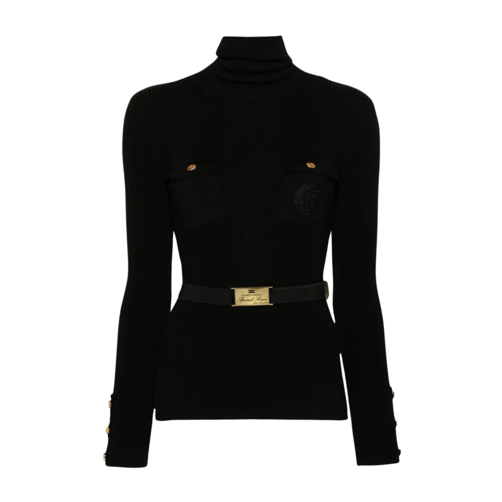 Elisabetta Franchi Zwarte Ribgebreide Trui met Hoge Kraag Black Dames