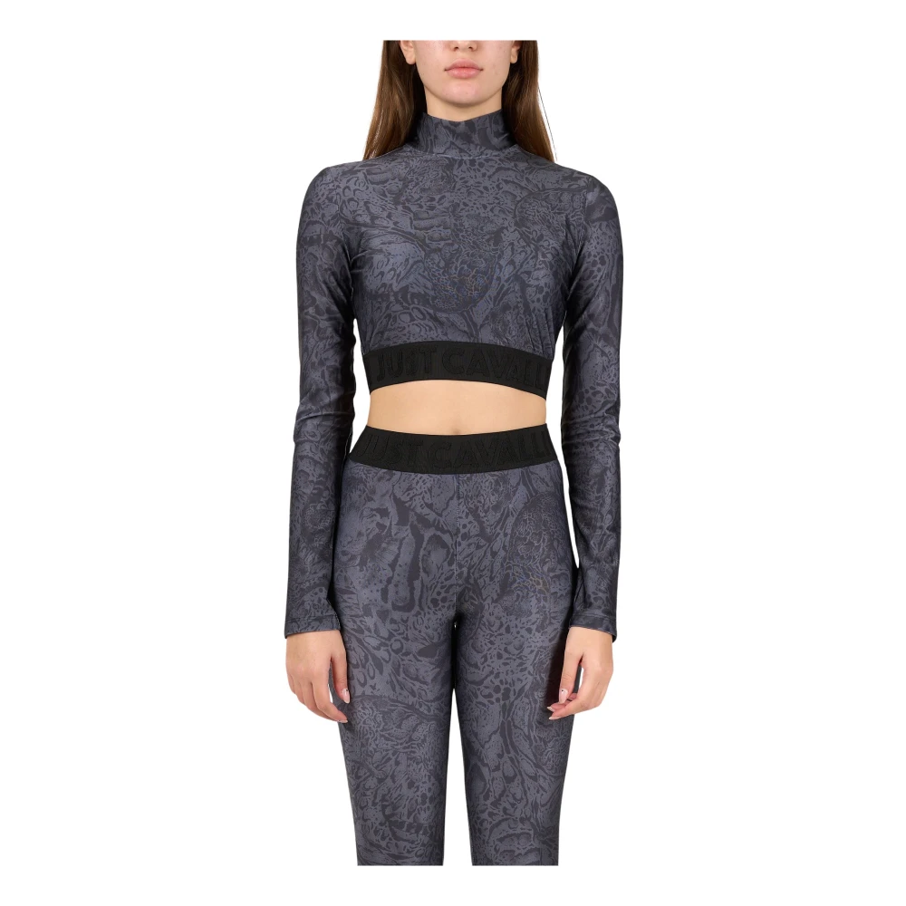 Just Cavalli Gedrukte Lycra Crop Top met lange mouwen Gray Dames