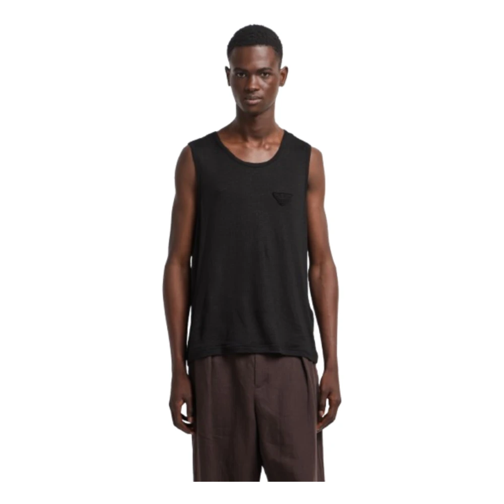 Emporio Armani Mannelijk Zwart Tops Heren, S, Linnen, Linnen T-Shirt Met Adelaar Borduurpatch