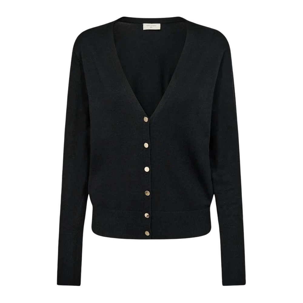 Freequent Feminine Cardigan met V-Hals en Gouden Knopen Black Dames