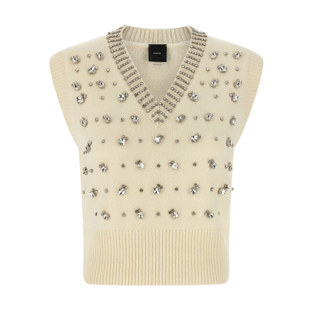 Pinko Women's Beige V-Neck Knitwear, L, Ivory Jumper Luxury Wool Blend