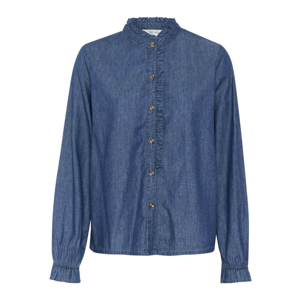 Cream Blauwe Denim Overhemdblouse met Ruche Blue Dames