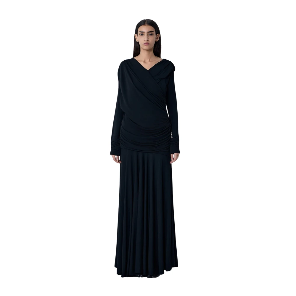 Ganni Maxi Dresses, Female, 2XS, V-Neck Ruched Maxi Dress Black