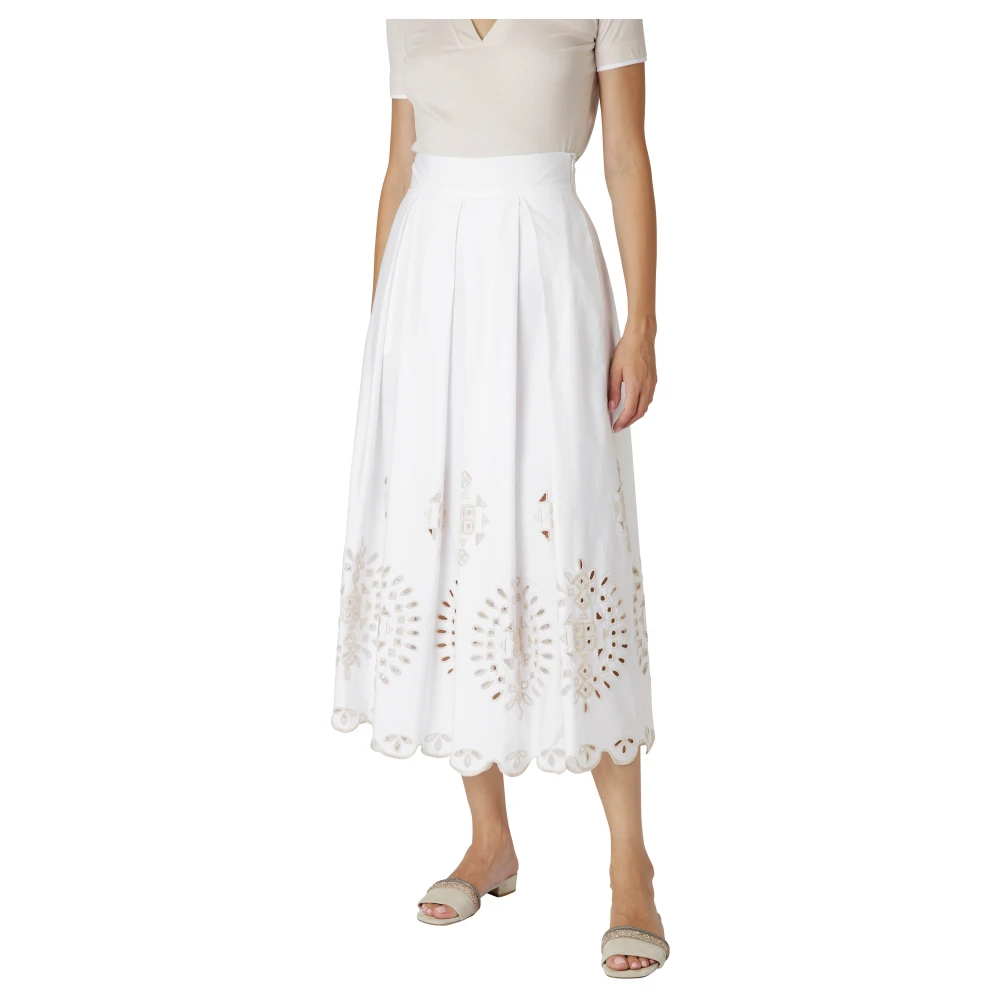 Eleventy Geborduurde Stretch Katoenen Midi Rok White Dames