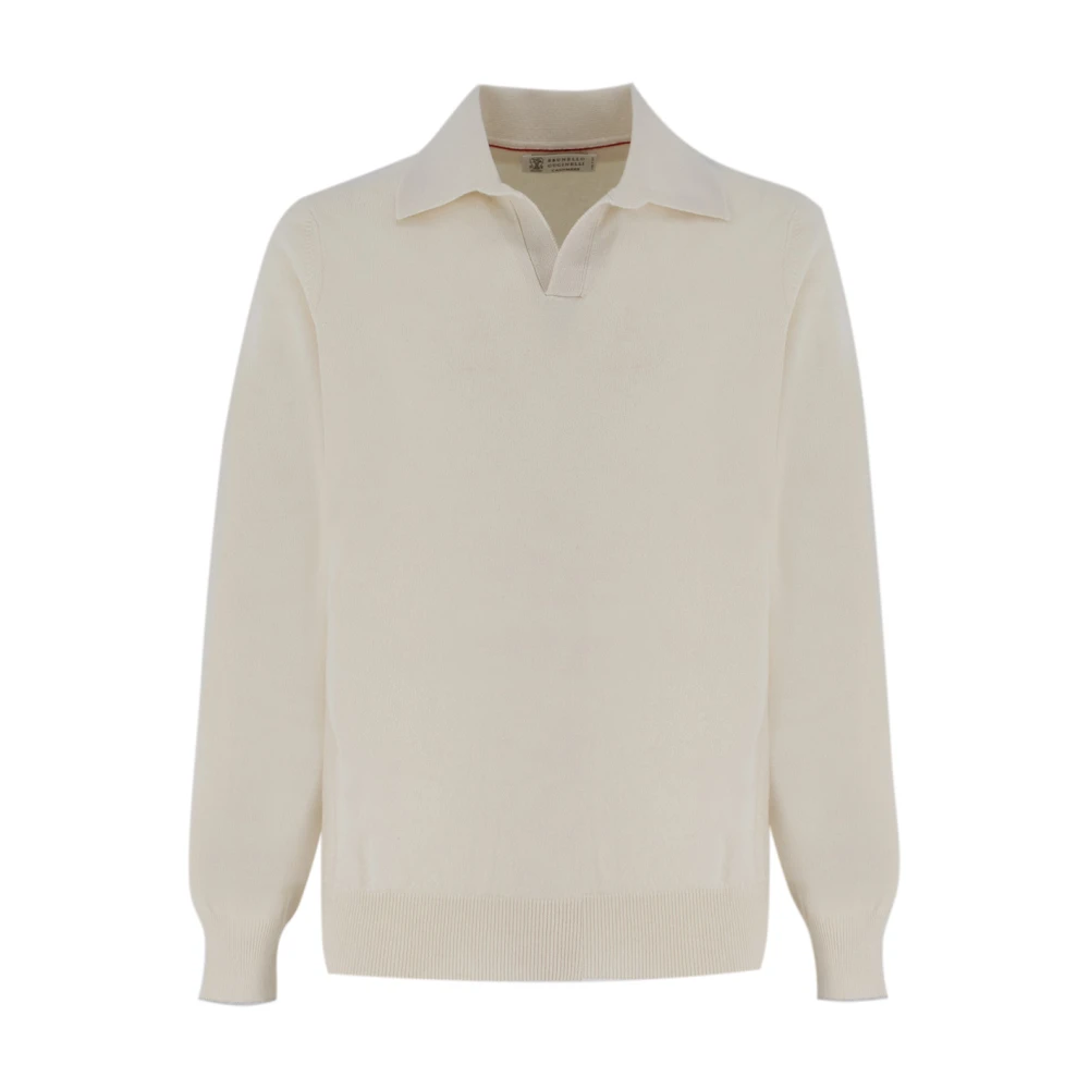 Brunello Cucinelli Men's White Cashmere Polo Jumper - Cashmere Knitwear - 2XL - Knitwear