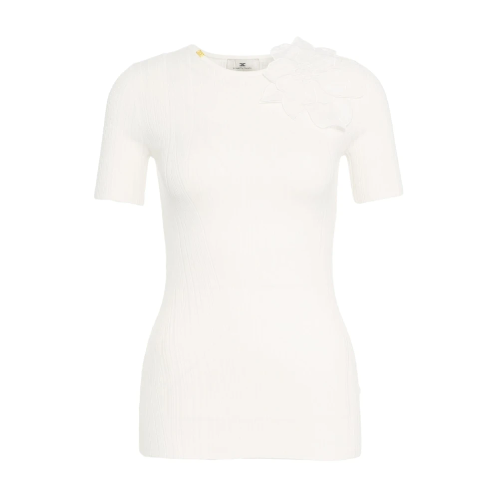 Elisabetta Franchi Witte Bloemen Gebreide Top Korte Mouw White Dames