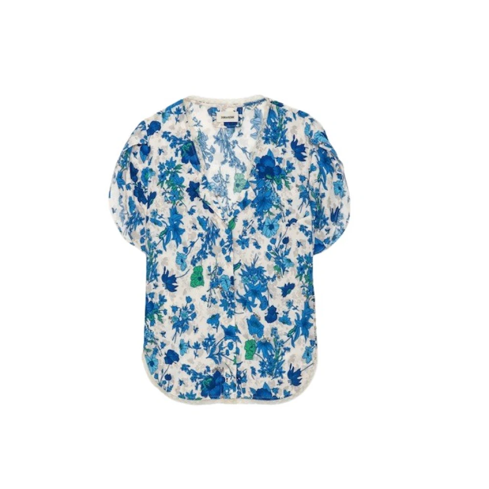 Zadig & Voltaire Bloemige Garden Flowers Crepe Top met Kant en Juweelknopen Blue Dames