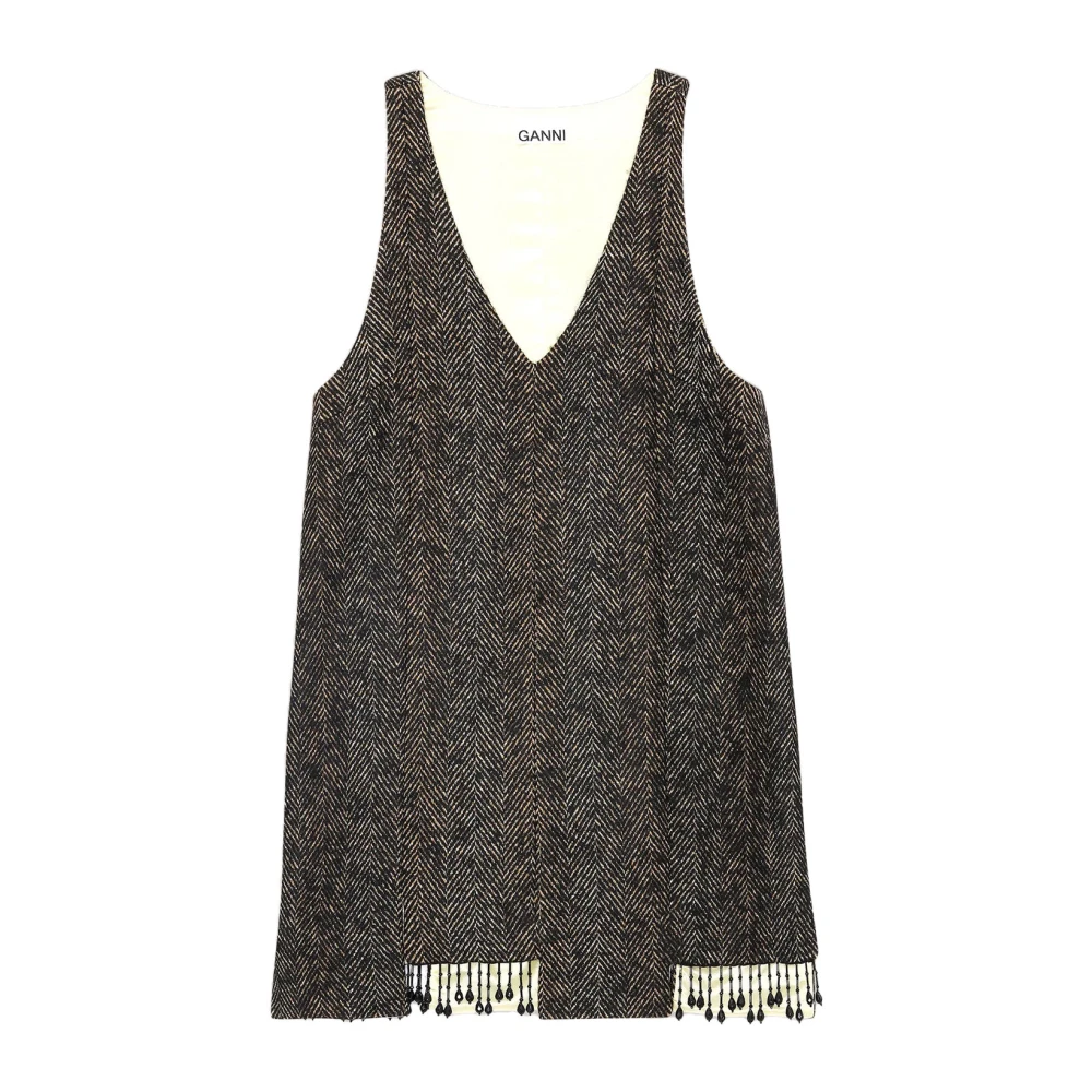 Ganni Women's Gray Short Dresses, S, Structured V-Neck Mini Dress