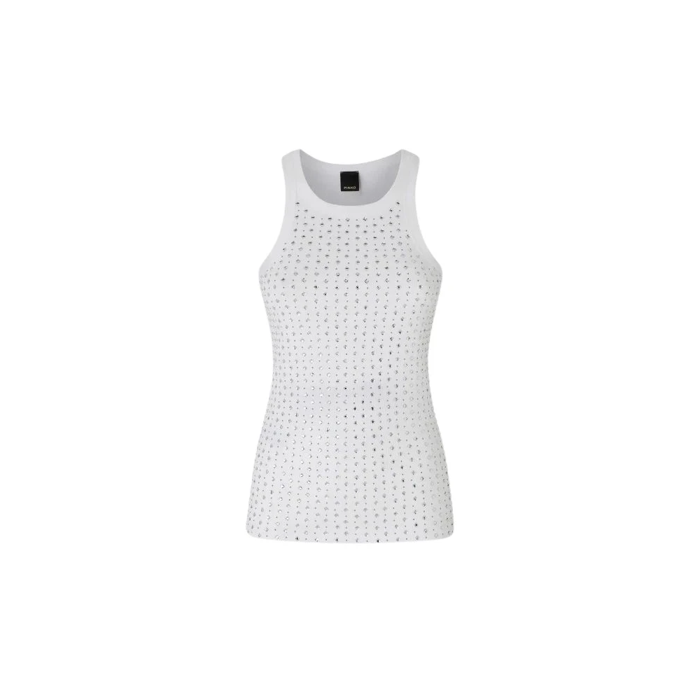 Pinko Donna Bianco Top Canotta Aderente A Costine Con Borchie