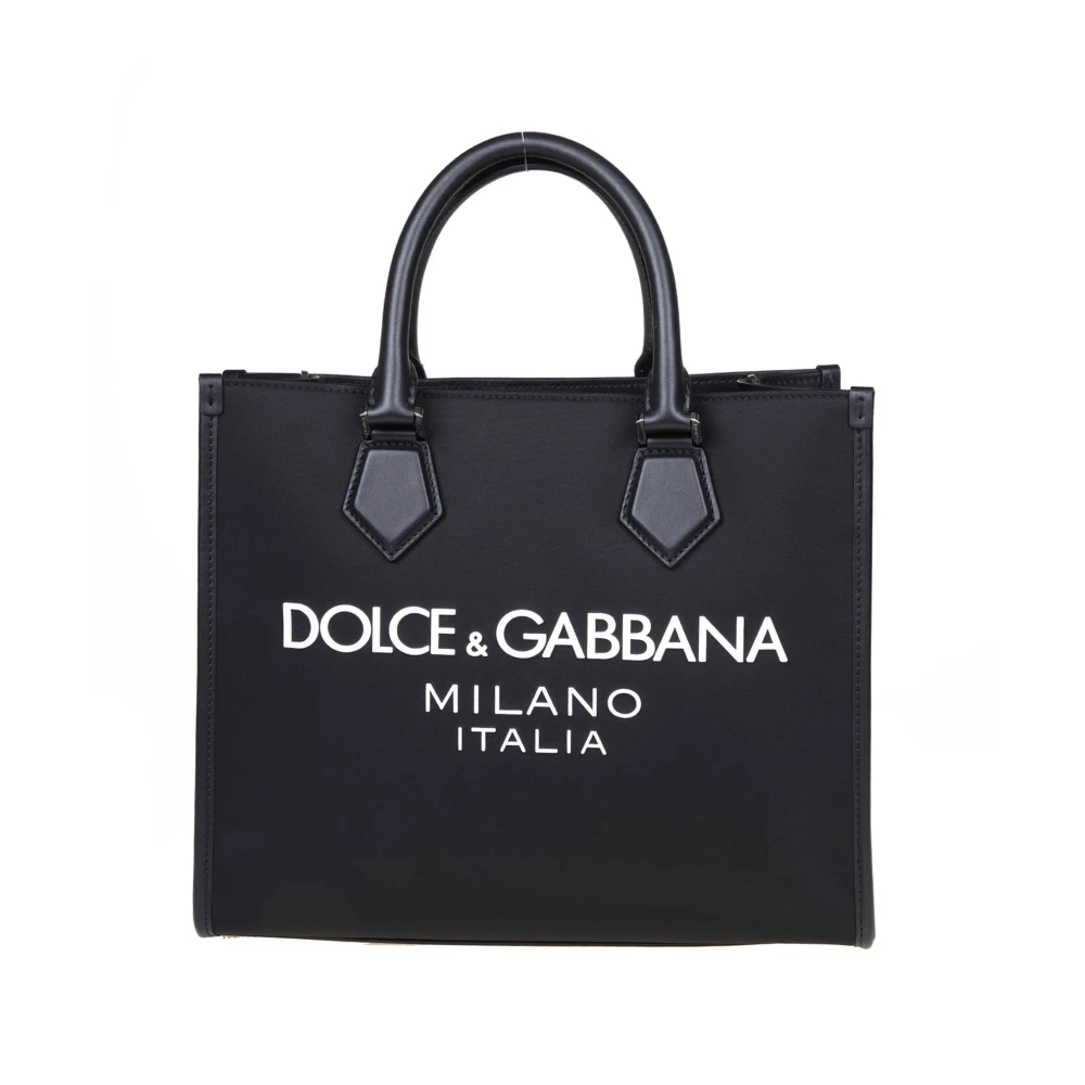 Dolce & Gabbana Zwarte nylon boodschappentas met lederen details Black Dames