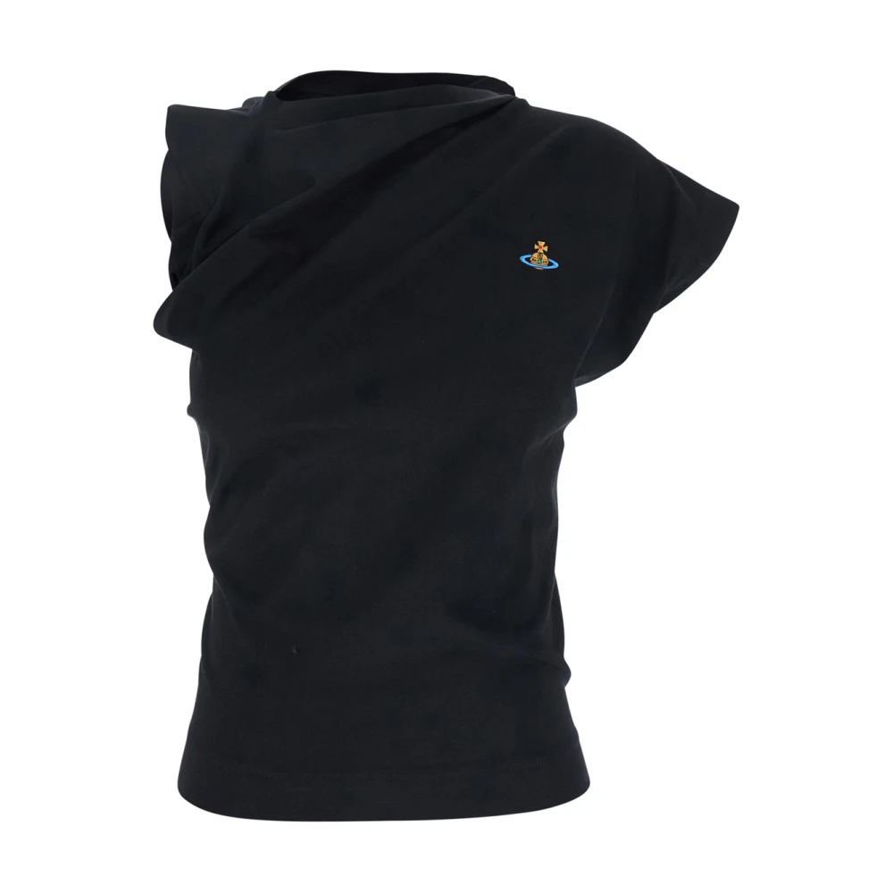 Vivienne Westwood Vrouw Zwart Tops Dames, S, Katoen, T-Shirt Met Asymmetrische Gerimpelde Mouwen