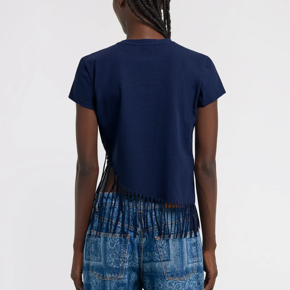 Roberto Cavalli Fringed Crew-neck T-shirt met Medaillon Blue Dames