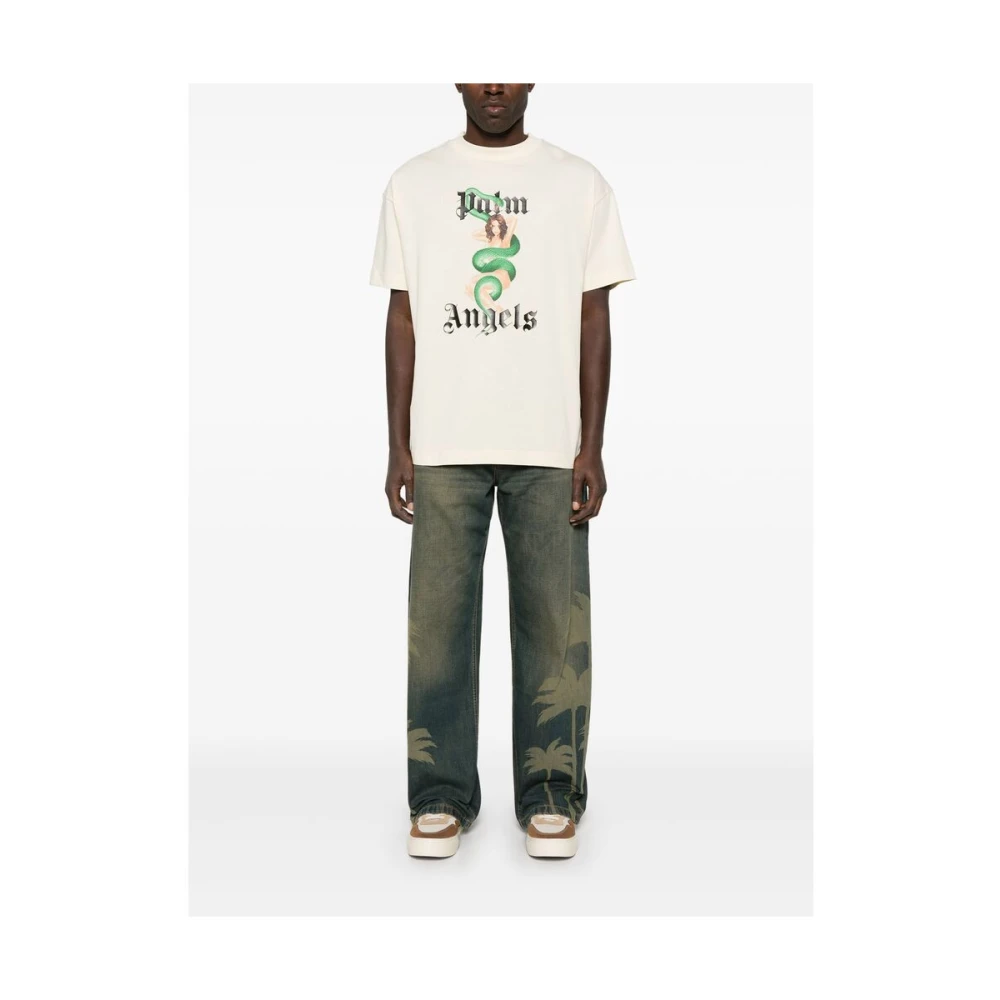 Palm Angels Grafische Print Crew Neck T-shirt Beige Heren