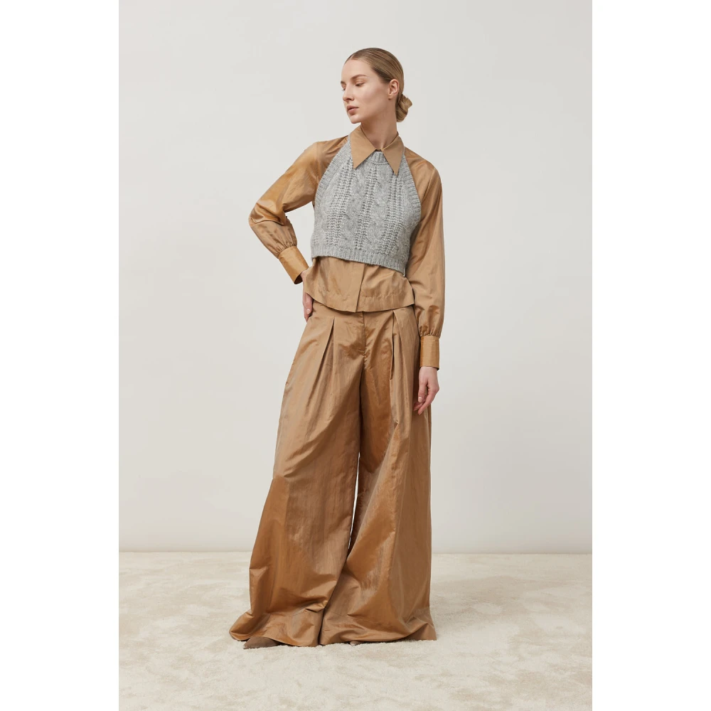 PESERICO Lichte zijdeblend wijde pijpen broek Brown Dames