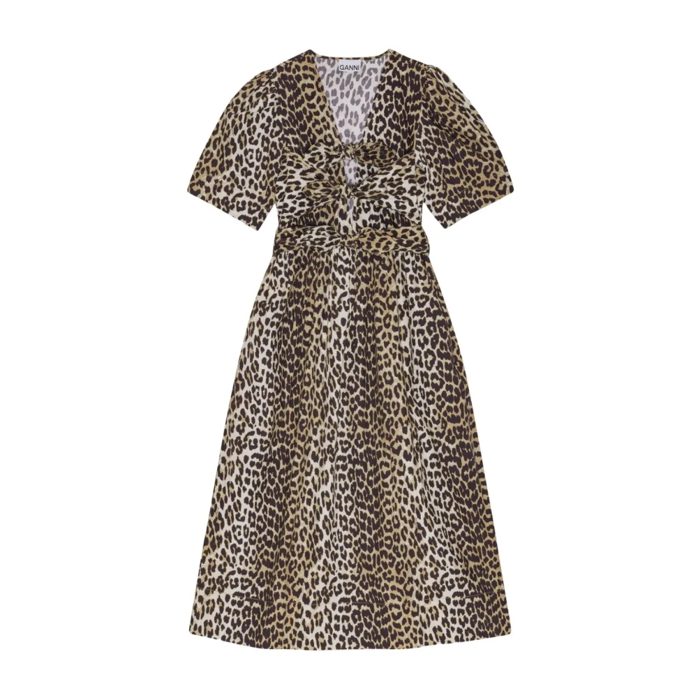 Ganni Women's Brown Midi Dresses, S, Leopard Printed Tie Strap Midi Dress