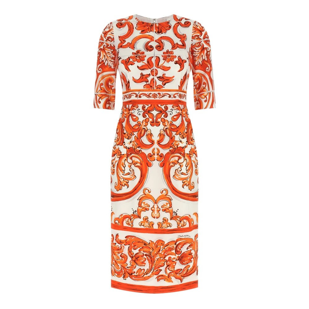 Dolce & Gabbana Orange Midi Dresses, Female, 2XL, Majolica Print Silk Charmeuse Midi Dress