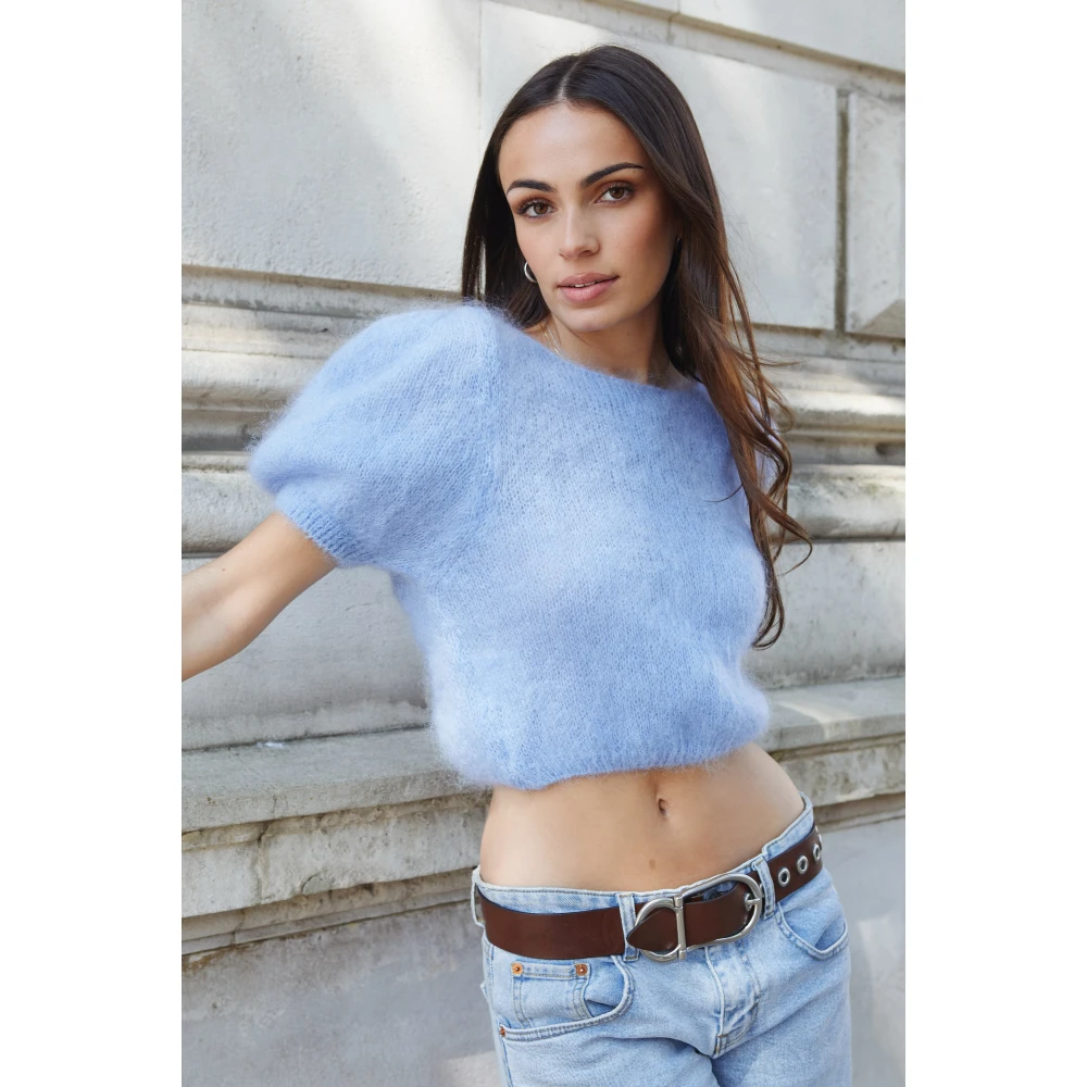 American Dreams Lichtblauwe Pullover Korte Mouwen Elastische Band Blue Dames