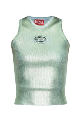 green-sleeveless-top-with-metal-logo