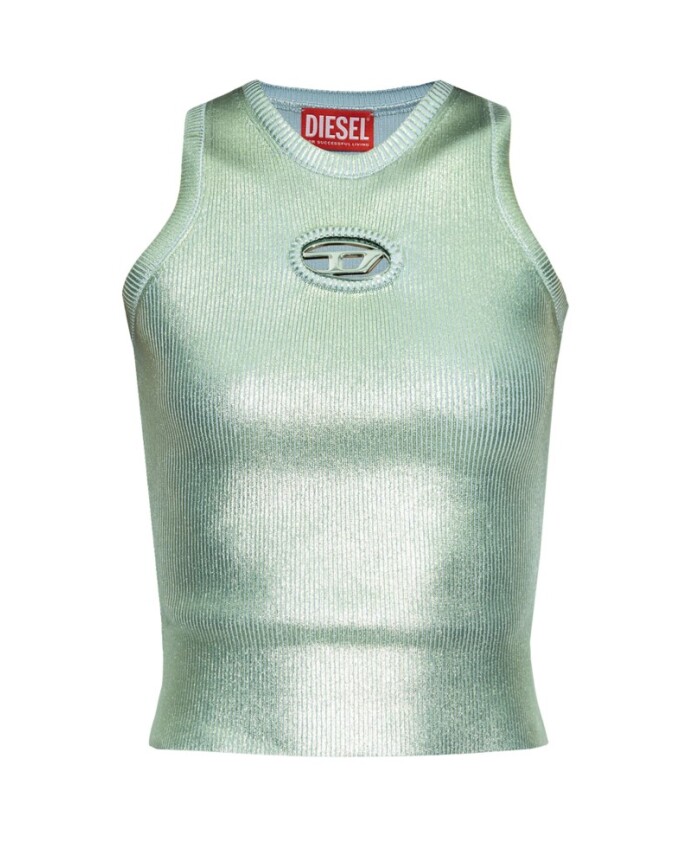 green-sleeveless-top-with-metal-logo