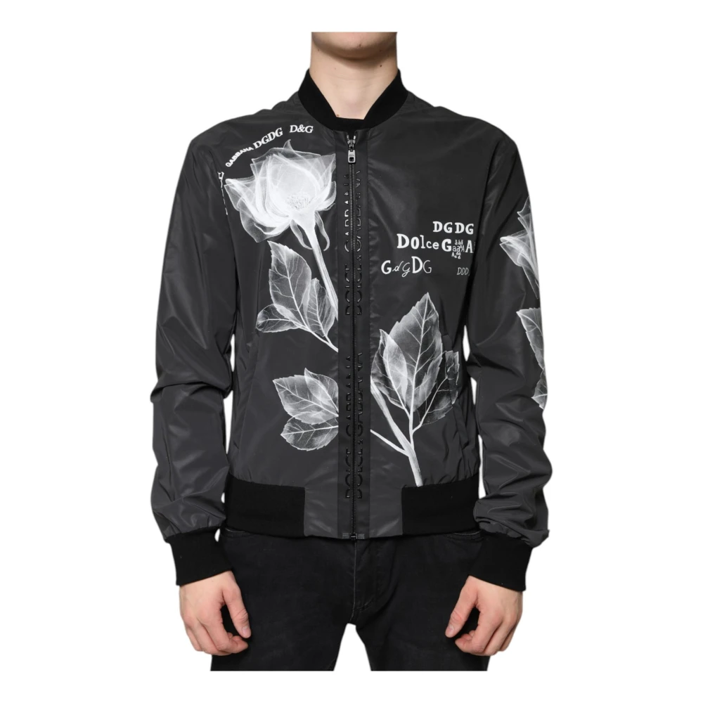 Dolce & Gabbana Zwarte Bloemen Nylon Bomberjack Black Heren