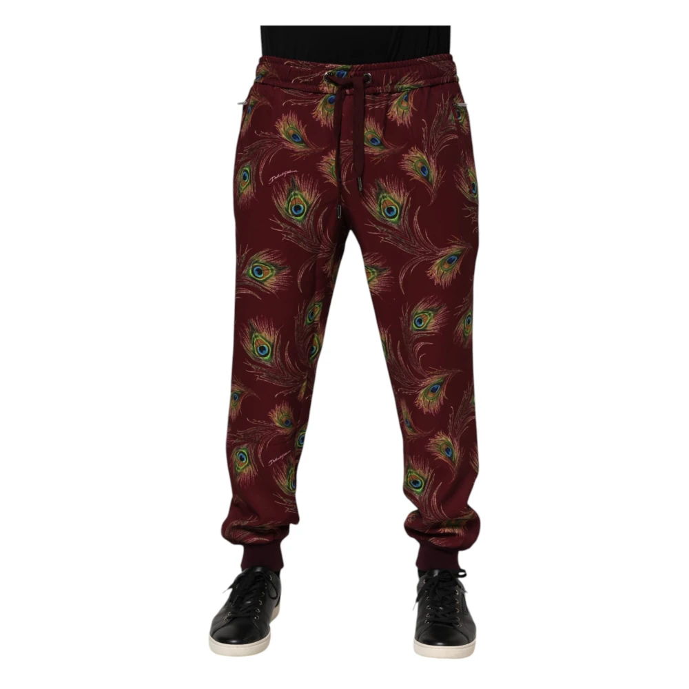 Dolce & Gabbana Men's Burgundy Peacock Feather Print Jogger Pants