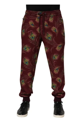 Burgundy Peacock Feather Print Jogger Pants