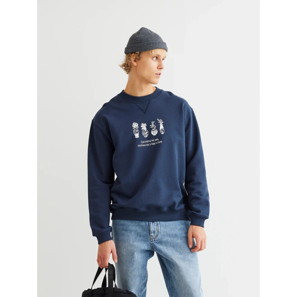 Woodbird Cane Vase Crewneck Sweatshirt met Print Blue Heren