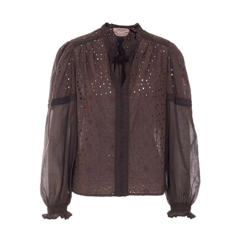 Twinset Women's Brown Blouses, S, V-Neck Embroidered Blouse