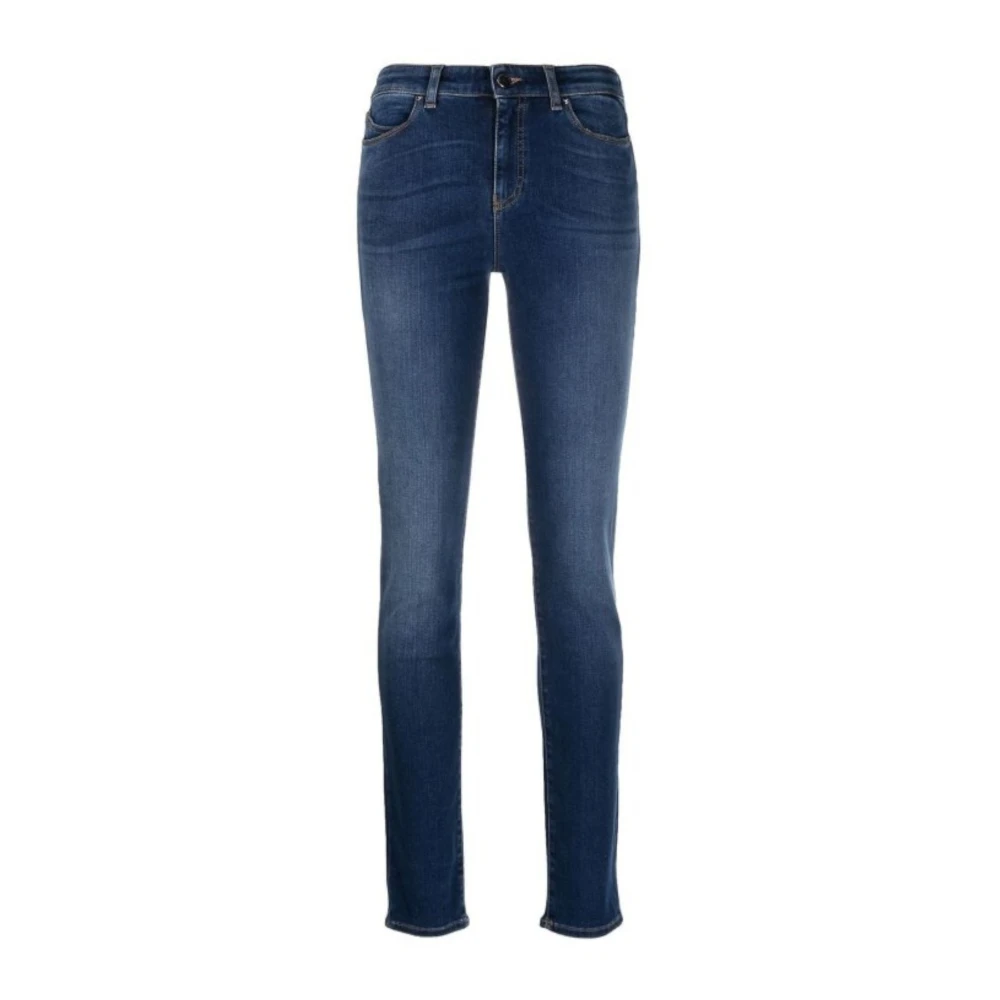 Emporio Armani Slim Fit Denim Jeans met Leren Logo Blue Dames