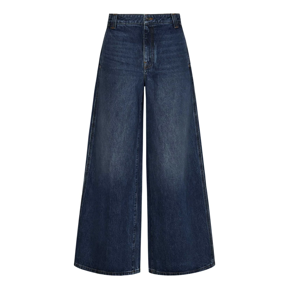 Khaite Blauwe Jeans met Wijde Pijpen Lage Taille en Contrasterende Stiksels Blue Dames