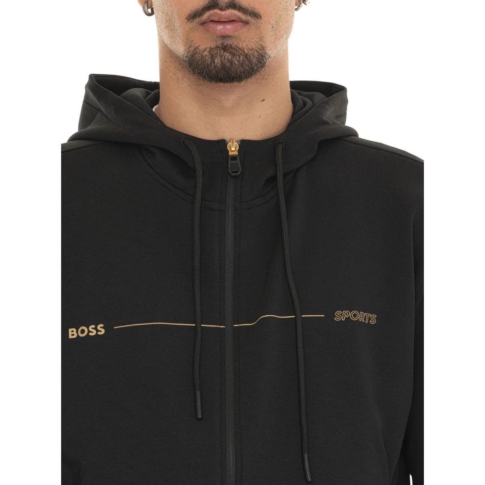 Boss Gestoffeerd Logo Hoodie met Rits Black Heren