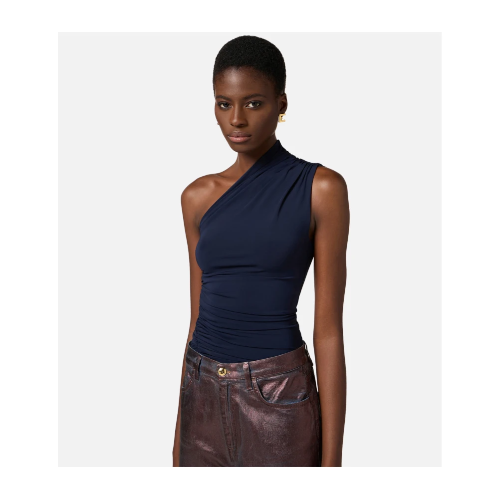 Elisabetta Franchi Jersey top met een schouder en gouden detail Blue Dames