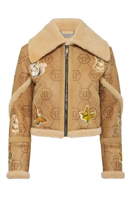 Cropped Broderad Läder- och Shearlingjacka Monogram