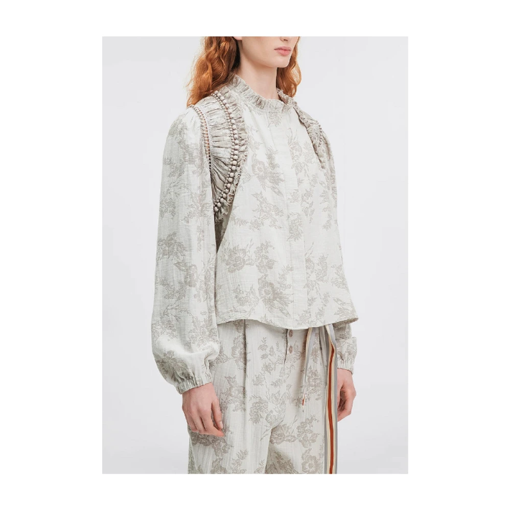 Mes Demoiselles Bloemenkatoenen overhemd met kraaldetail Beige Dames