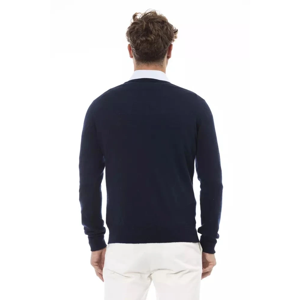 Alpha Studio Blauwe V-Hals Wollen Trui Blue Heren