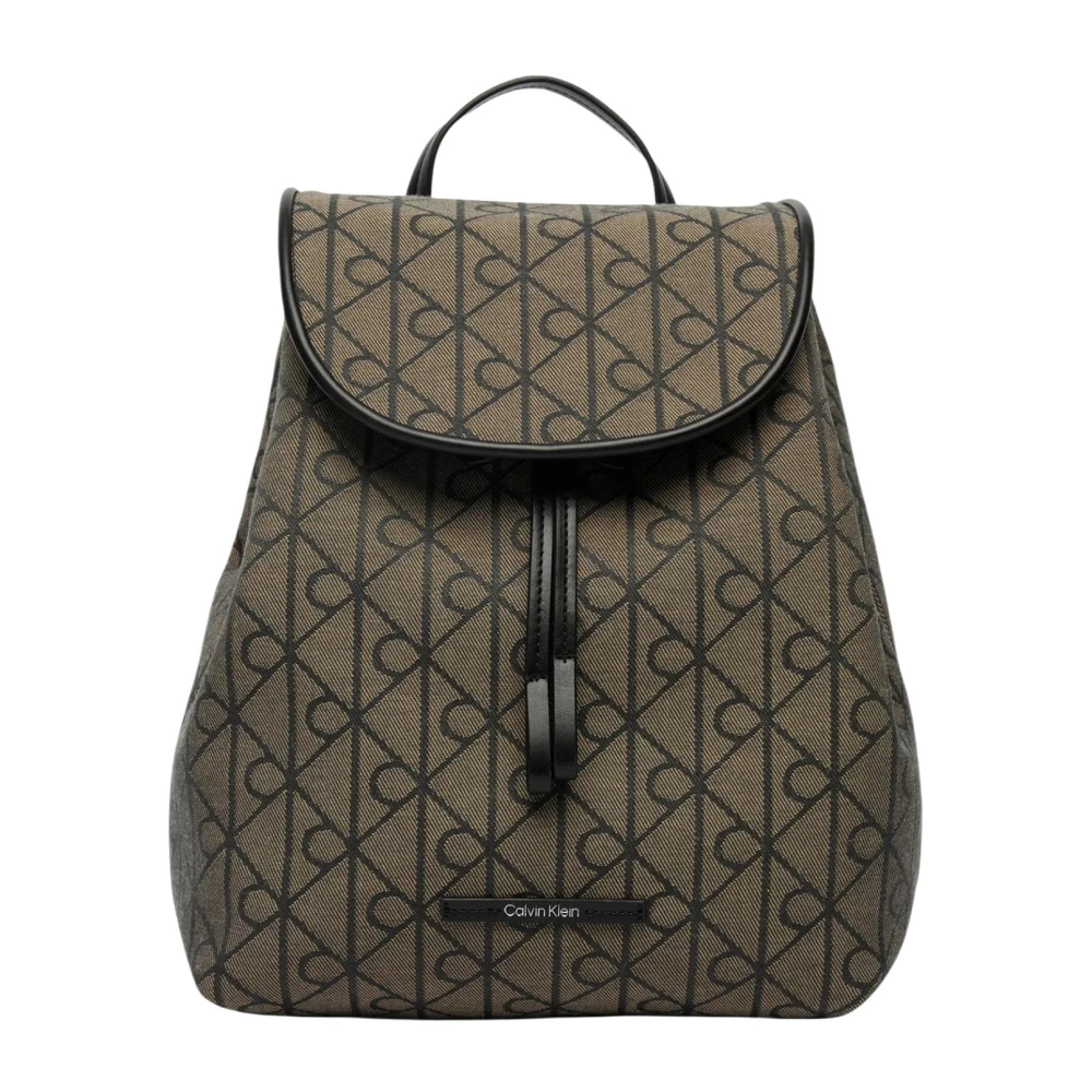 Calvin Klein , Backpacks, Female, Beige, One Size, Emblem Logo Jacquard Flap Backpack